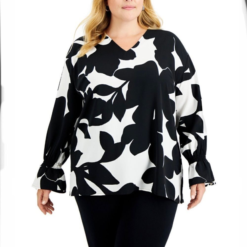NWT ALFANI 3X Plus Printed Smocked Cuffed Tunic Black white floral Print Blouse